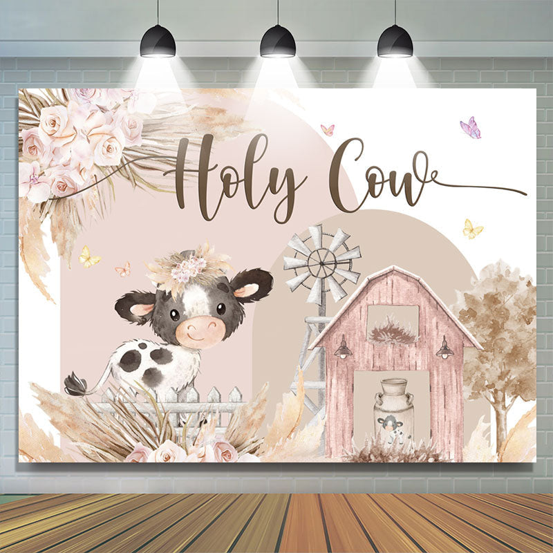 Lofaris Floral Farm Holy Cow Cute Happy Birthday Backdrop