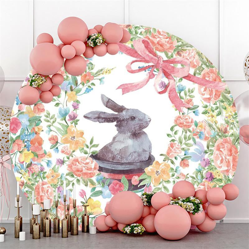 Lofaris Floral Flowers Pink Bow Grey Rabbit Round Backdrops for Party