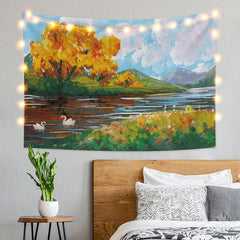 Lofaris Floral Forest Mountain Painting Style Lake Custom Tapestry