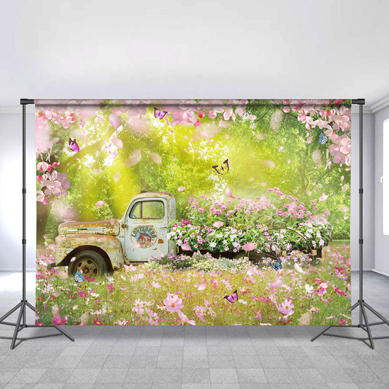 Lofaris Floral Garden And Truck With Butterfly Spring Backdrop