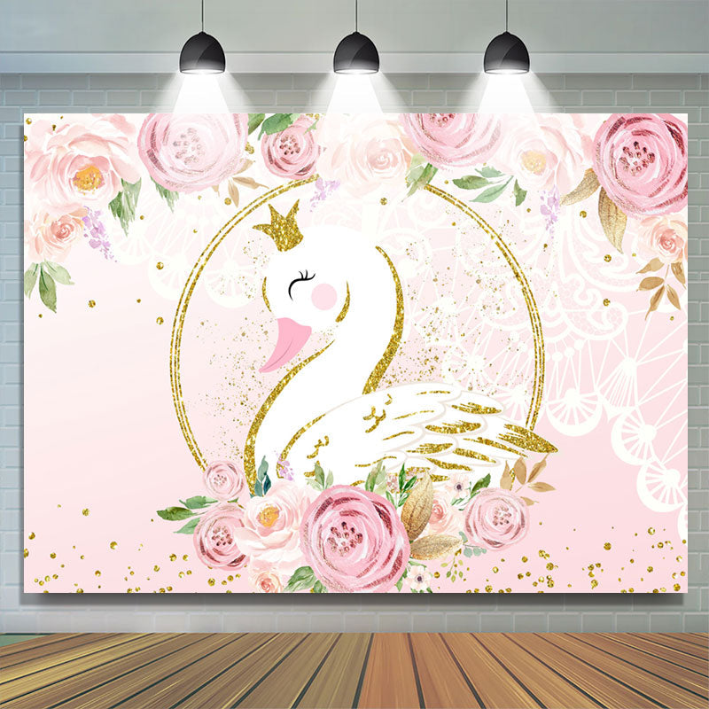 Lofaris Floral Glitter And Pink Swan Happy Birthday Backdrop