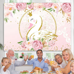 Lofaris Floral Glitter And Pink Swan Happy Birthday Backdrop
