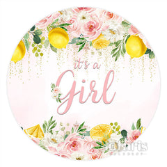 Lofaris Floral Pink Lemon Its A Girl Round Baby Shower Backdrop