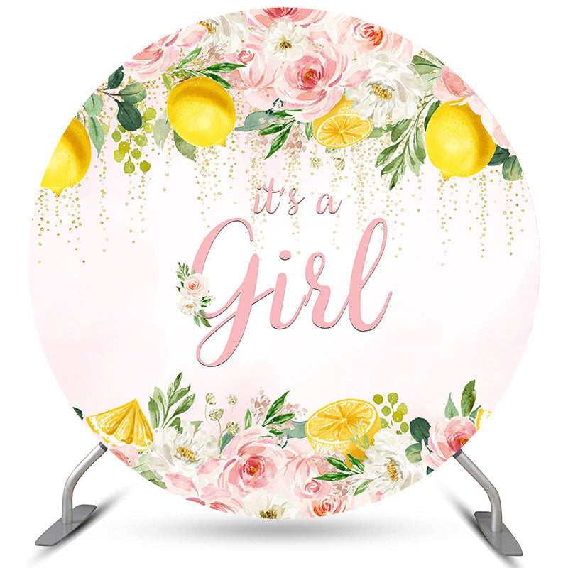 Lofaris Floral Pink Lemon Its A Girl Round Baby Shower Backdrop