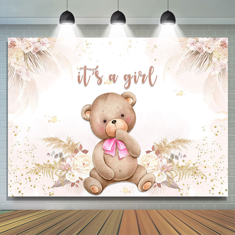 Lofaris Floral Pink Tie Bear Baby Shower Backdrop For Girl