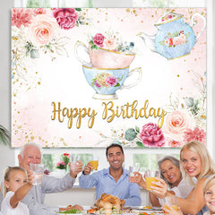 Lofaris Floral Teapot Lovely Spring Happy Birthday Backdrop