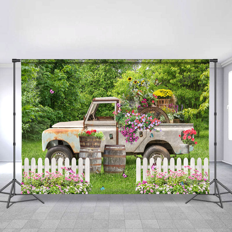 Lofaris Floral Truck In A Green Garden With Butterfly Backdrop