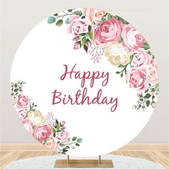 Lofaris Flower And Leaves Pink Happy Birthday Round Backdrop