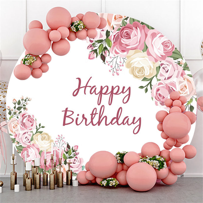 Lofaris Flower And Leaves Pink Happy Birthday Round Backdrop