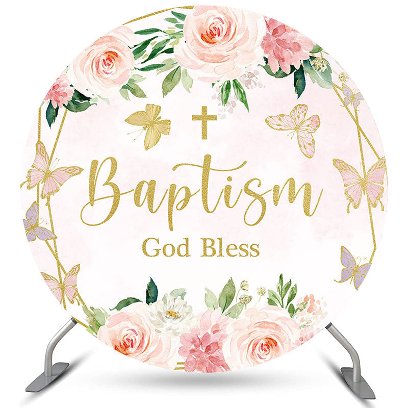 Lofaris Flower Butterfly Baptism God Bless Pink Circle Backdrop