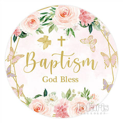 Lofaris Flower Butterfly Baptism God Bless Pink Circle Backdrop