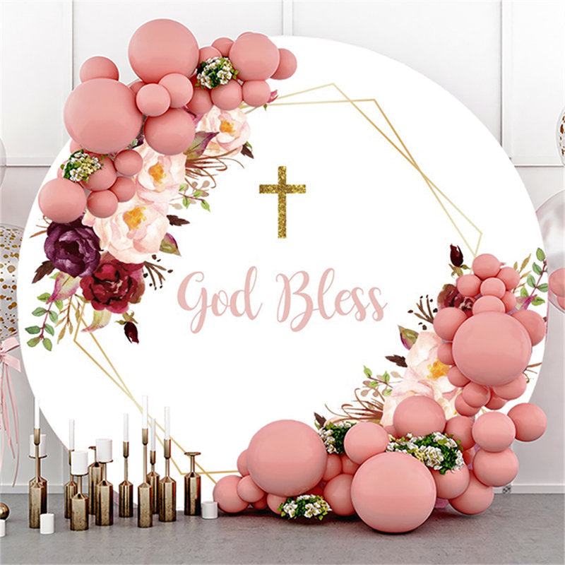 Lofaris Flower Pink God Bless Happy Birthday Circle Backdrop