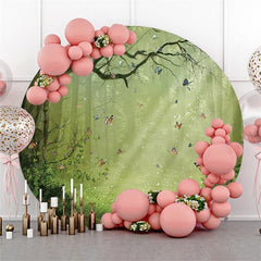 Lofaris Foggy Forest Butterfly Glitter Green Round Backdrops for Party