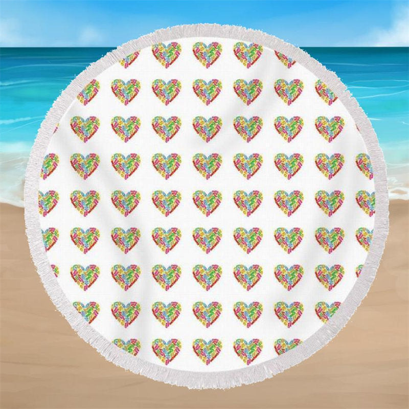 Lofaris Full Heart White Round Beach Blanket With Fringe