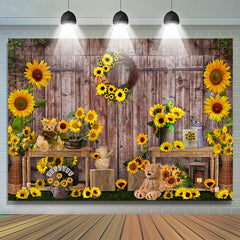 Lofaris Full Of Sunflowers Teddy Bear Wooden Autumn Backdrop