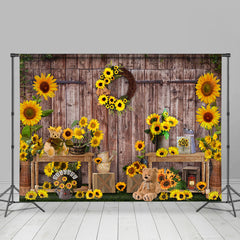 Lofaris Full Of Sunflowers Teddy Bear Wooden Autumn Backdrop