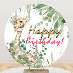 Lofaris Giraffe Green Leaves Happy Birthday Circle Backdrop
