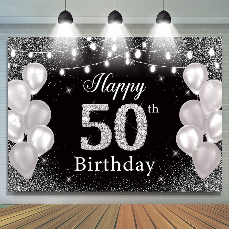Lofaris Glitter Balloon Black Happy 50th Birthday Backdrop