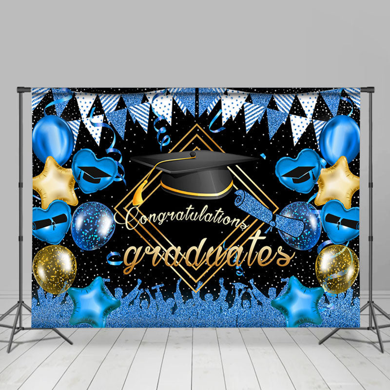 Lofaris Glitter Blue And Golden Balloon Flag Graduates Backdrop