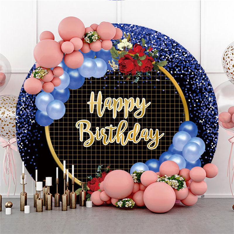 Lofaris Glitter Blue Balloons Black Birthday Circle Backdrop