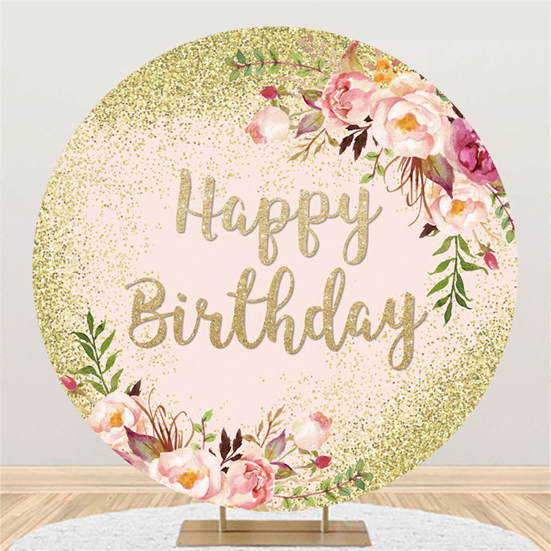 Lofaris Glitter Gold And Pink Floral Birthday Circle Backdrop