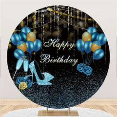 Lofaris Glitter Gold Blue Balloon Circle Happy Birthday Backdrop