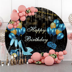 Lofaris Glitter Gold Blue Balloon Circle Happy Birthday Backdrop