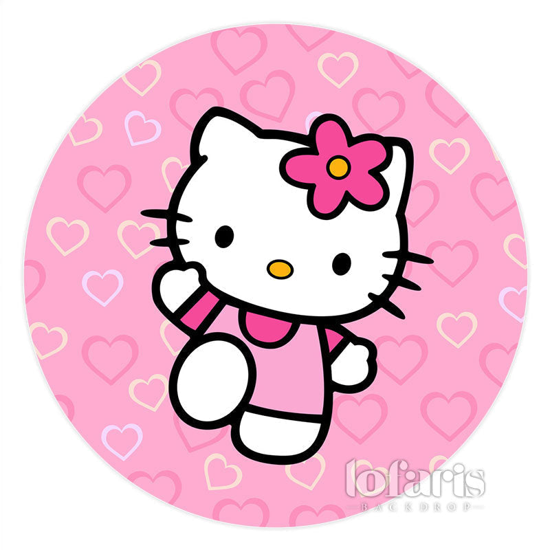 Glitter Heart Pink Kitty Round Girl Birthday Backdrop - Lofaris