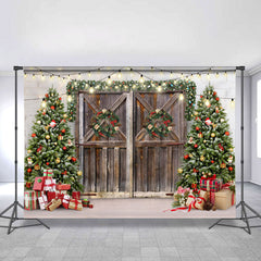 Lofaris Glitter Light Wooden Door And Tree Christmas Backdrop