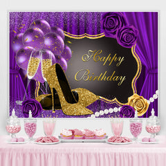 Lofaris Glitter Purple And High Heels Happy Birthday Backdrop