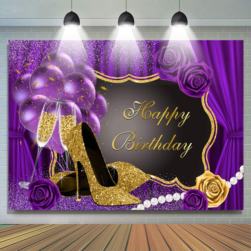 Lofaris Glitter Purple And High Heels Happy Birthday Backdrop