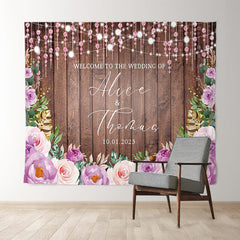 Lofaris Glitter Purple Floral Wooden Theme Wedding Backdrop