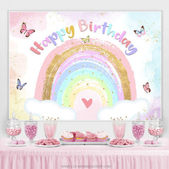 Lofaris Glitter Rainbow And Butterfly Happy Birthday Backdrop