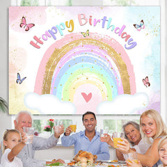 Lofaris Glitter Rainbow And Butterfly Happy Birthday Backdrop