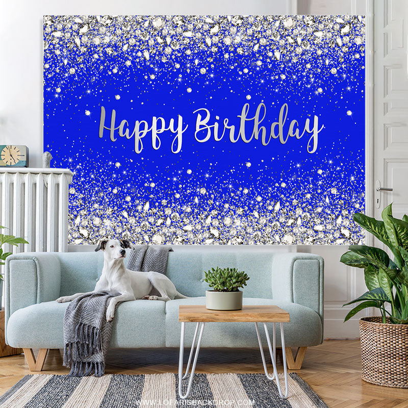 Glitter Silver and Navy Blue Happy Birthday Backdrop