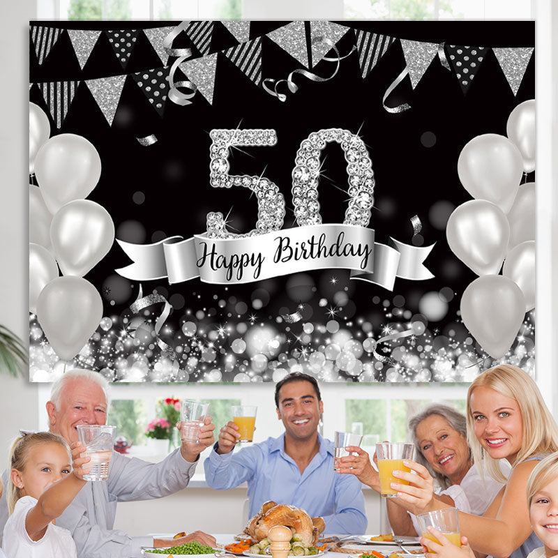 Glitter Silver Balloons 50th Happy Birthday Backdrop – Lofaris