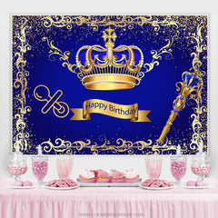 Lofaris Glod Brown And Navy Blue Crown Happy Birthday Backdrop