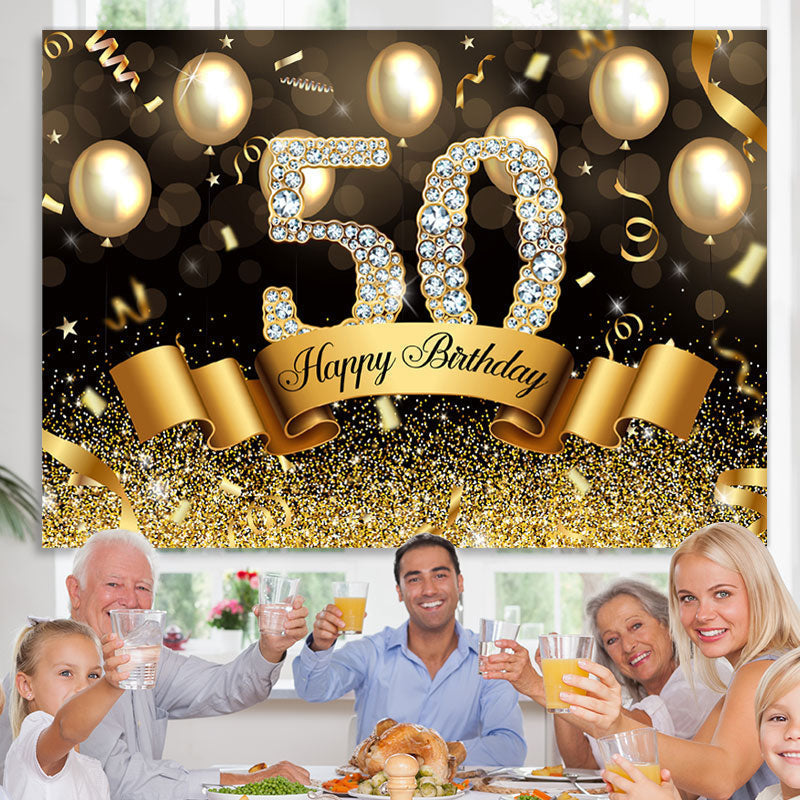 Gloden And Glitter Balloon Happy 50Th Birthday Backdrop – Lofaris