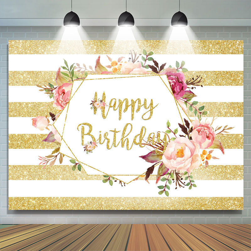 Lofaris Gloden Stripe And Floral Birthday Backdrop For Girl