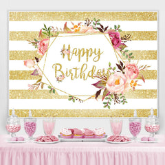 Lofaris Gloden Stripe And Floral Birthday Backdrop For Girl