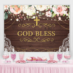 Lofaris God Bless Pink Floral Golden Cross Backdrop for Kids