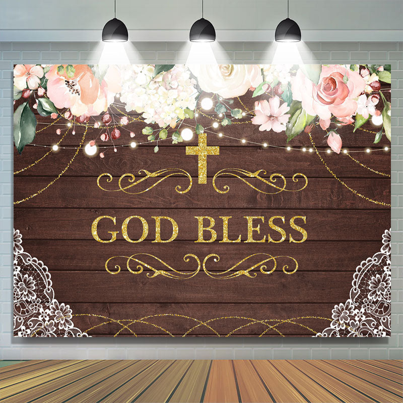 Lofaris God Bless Pink Floral Golden Cross Backdrop for Kids