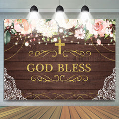 Lofaris God Bless Pink Floral Golden Cross Backdrop for Kids