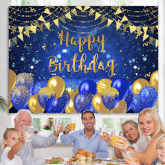 Lofaris Gold And Navy Blue Balloons Glitter Birthday Backdrop