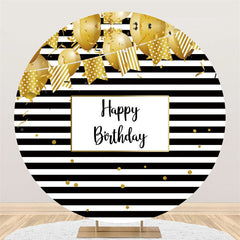 Lofaris Gold Balloon Black White Stripes Round Birthday Backdrop