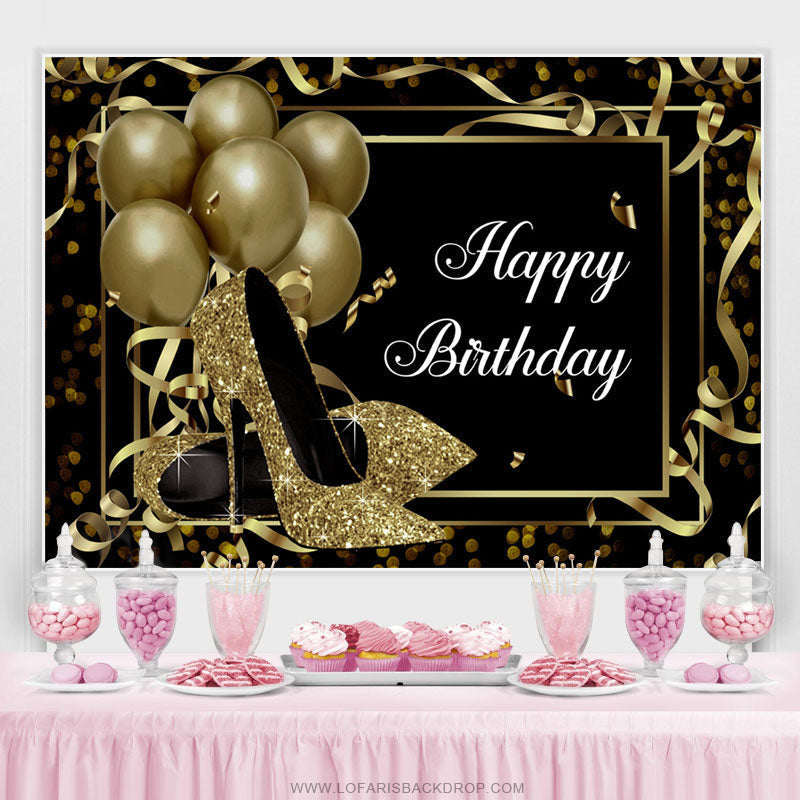 Gold Balloons And Glitter Heels Happy Birthday Backdrop – Lofaris