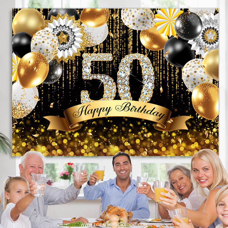 Gold Balloons Bokeh Glitter Happy 50th Birthday Backdrop – Lofaris