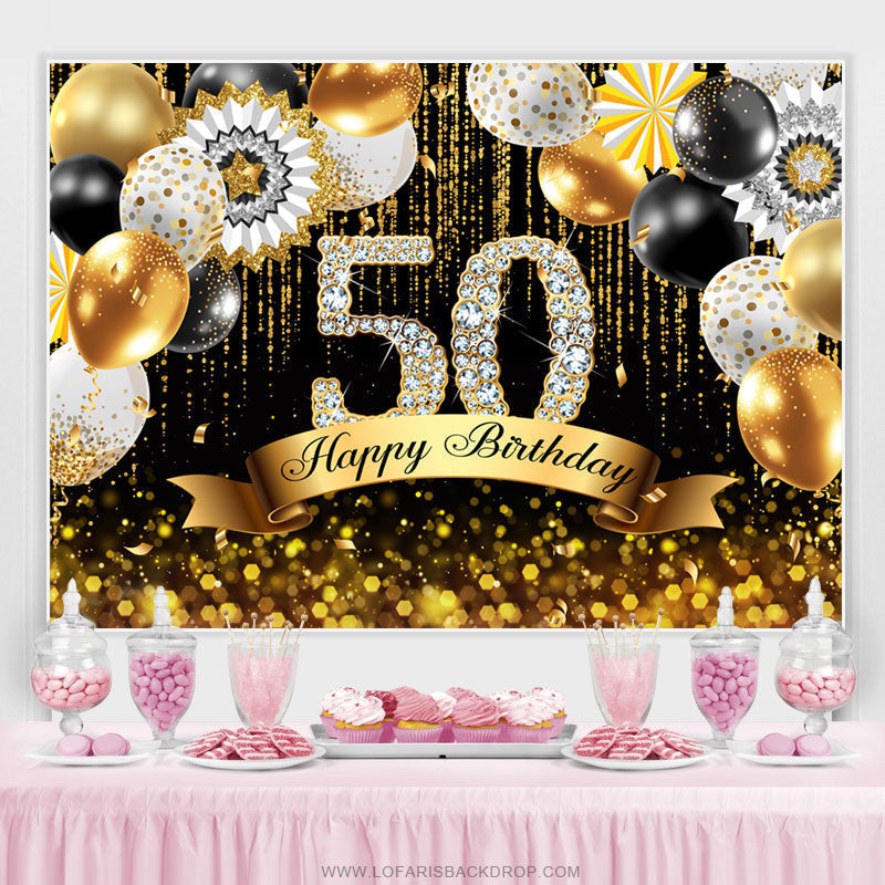 Gold Balloons Bokeh Glitter Happy 50th Birthday Backdrop – Lofaris