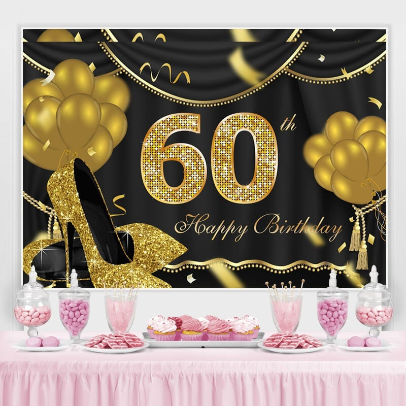 Gold Balloons Glitter 60th Happy Birthday Backdrop – Lofaris