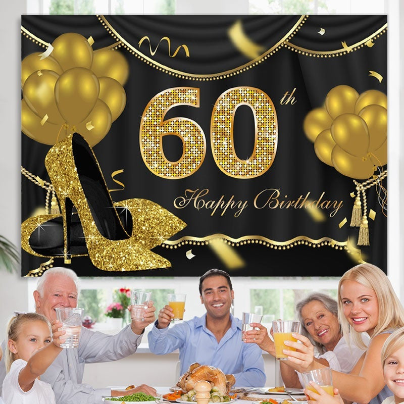 Gold Balloons Glitter 60th Happy Birthday Backdrop – Lofaris